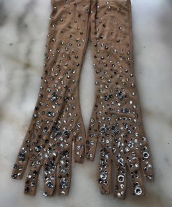 Silver Rhinestone Mesh Elbow-Length Gloves.