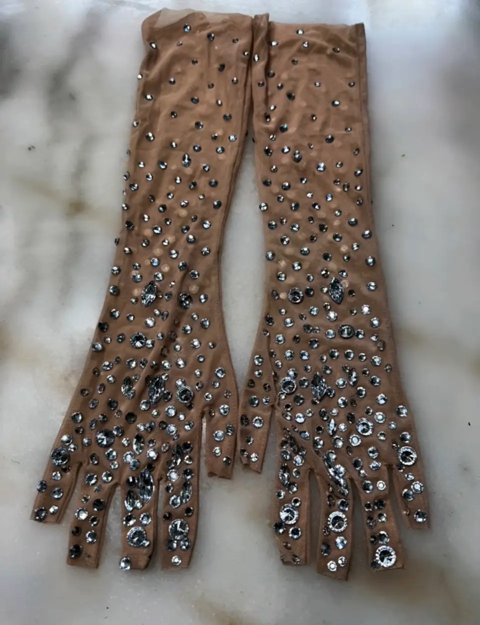 Silver Rhinestone Mesh Elbow-Length Gloves.