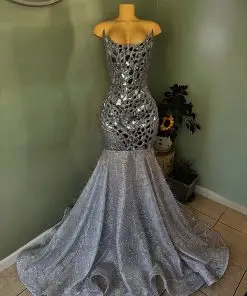 Discover the silver mirror corset mermaid dress with sparkling mirror embellishments, sculpted corset bodice, and elegant mermaid silhouette perfect for prom, pageants, galas, and luxury evening events.